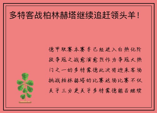 多特客战柏林赫塔继续追赶领头羊！