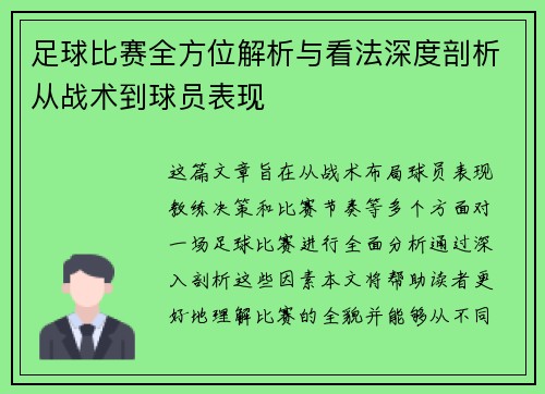 足球比赛全方位解析与看法深度剖析从战术到球员表现